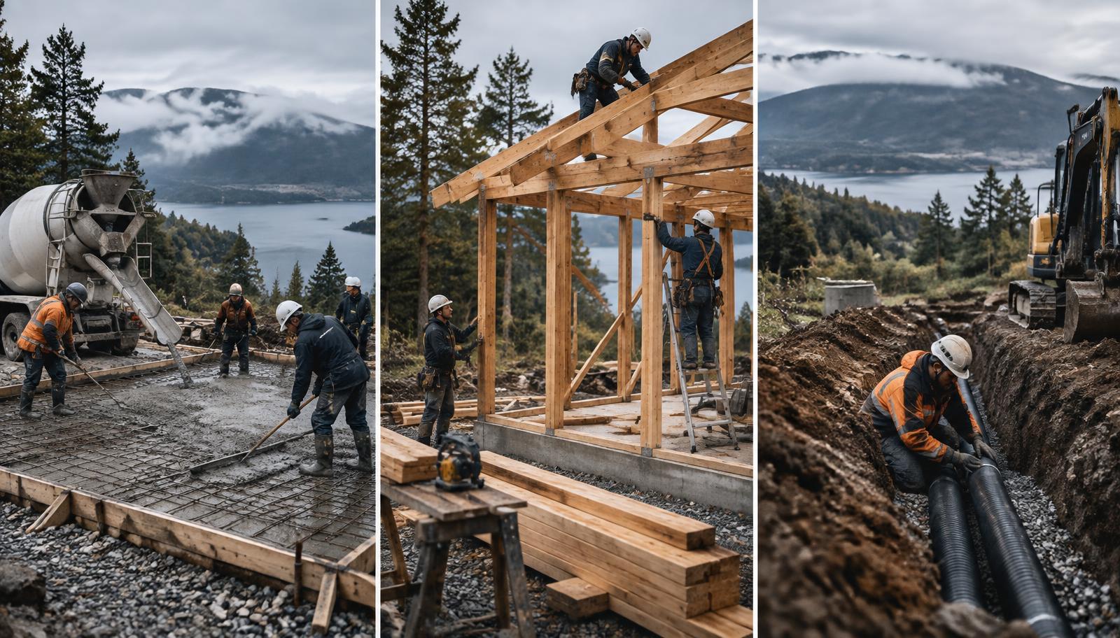 Hormigón, estructuras de madera y urbanización en terreno